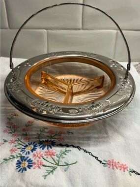 Vintage FARBERWARE Pink Depression Glass Candy Bowl / Trinket Dish with Server